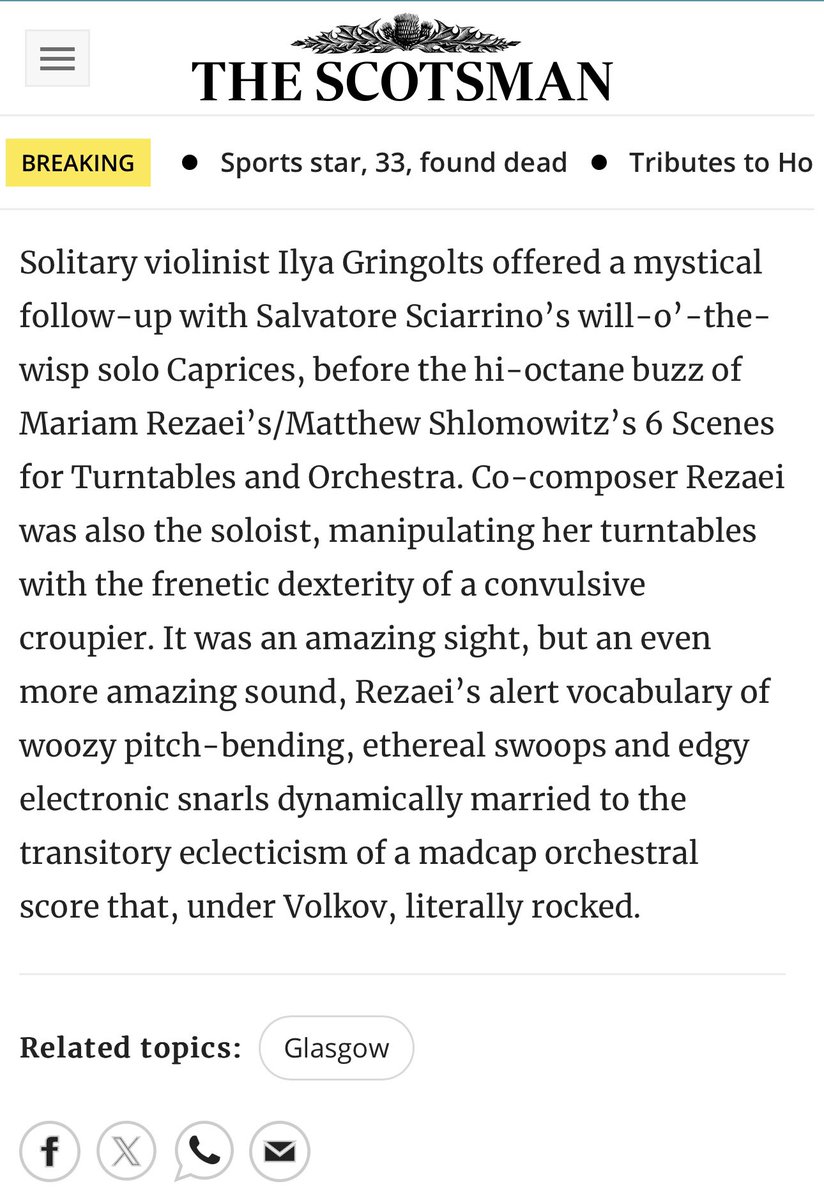 Wow! 4*! “It was an amazing sight, but an even more amazing sound.” Thank you @KenWalton4 @scotsman_arts for such kind words about my and @MShlom’s work ‘6 Scenes For Turntables and Orchestra’, performed last week at @tectonicsglas @BBCSSO 🤘🏽we had a blast!scotsman.com/whats-on/arts-…