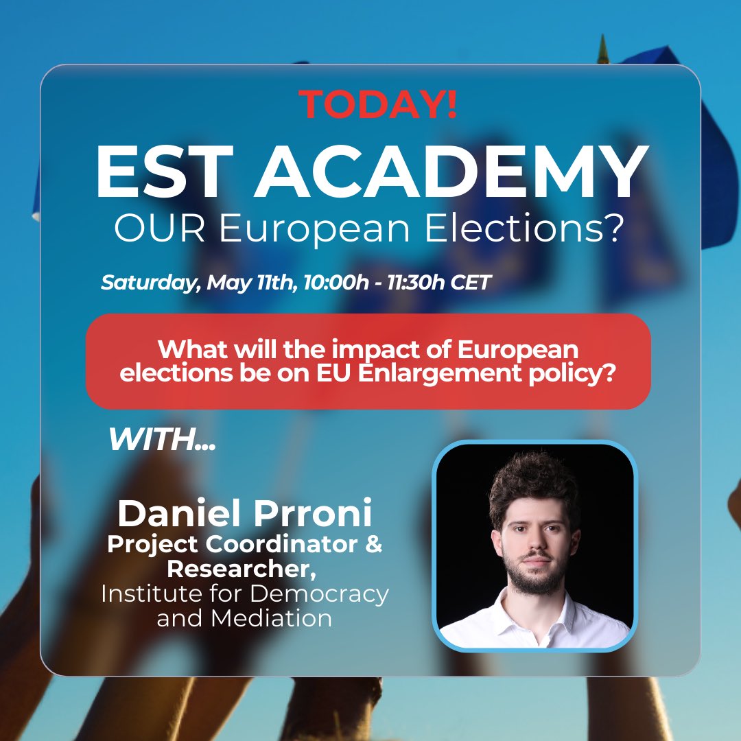 🔔Join us for our next EST academy session at 10:00h today! 🗣️Today’s speaker, Daniel Prroni, from I Institute for Democracy and Mediation, will join us to discuss the future of EU Enlargement. 🤩If you registered for the EST Academy 2024, don’t miss out!