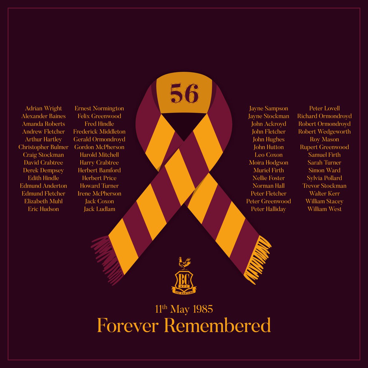 Never forget the 56 fans that died, the 250+ injured, friends & families of those impacted by this terrible disaster.

56 went to a game of football and never got to go home to their loved ones.

39 years ago. Will always remember them & this day.

11/05/85 #RIP #BCAFC ❤💙