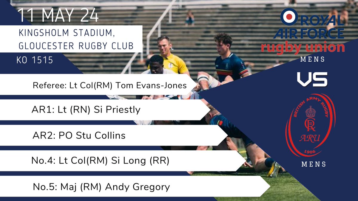 After a good show by the <a href="/RNRURS/">Royal Navy Rugby Union Referees Society</a> To5 last night, time now for the final 2 fixtures to bring the inter service championships to a close.

Good luck to all involved today.

<a href="/RNRugby/">Royal Navy Rugby</a>
#referee #rugby