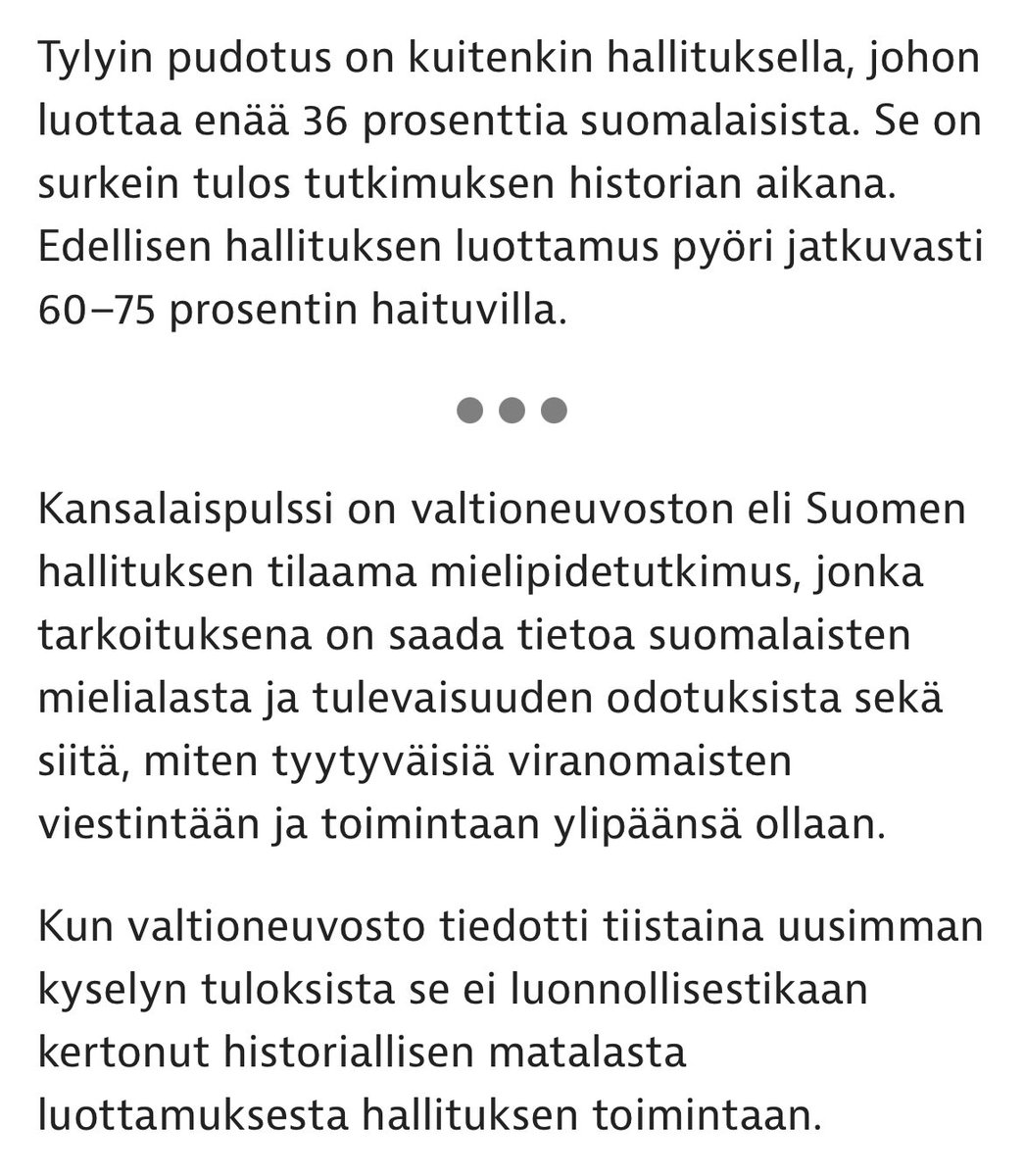 Hallitukseen luottaa enää 36% suomalaisista. Se on surkein tulos koskaan. #hallitus #politiikka #luottamus