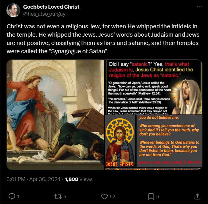 CunnyDeflowerer's tweet photo. Jesus didn't simply "whipped the jews" he whipped the ones using the temple as place for their business. it was an act-based punishment. This is actually very easy to know and it becomes very apparent to anyone that actually read the bible. Pointless generalizations. https://t.co/K8aDiRPaTo