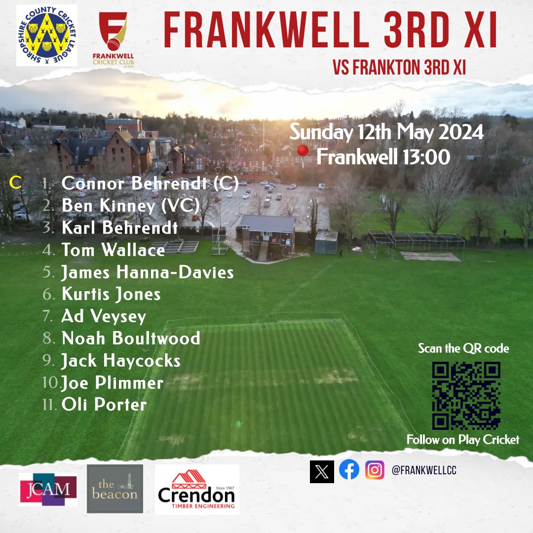 🚨WEEKEND TEAM NEWS🚨

1st Team Home to Shelton 🏡
2nd Team Away at Wroxeter &amp; Uppington 🚗
3rd Team Home to Frankton 🏡 

Finally some cricketing weather is here 🌞

#frankwellcc #forzafrankwell