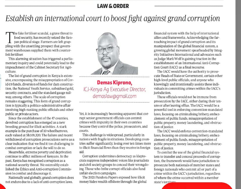 The IACC would be a powerful tool in enforcing convention-mandated laws, focusing on criminalising bribery, embezzlement of public funds, misappropriation of public property, money laundering, and obstruction of justice. icj-kenya.org/news/establish…