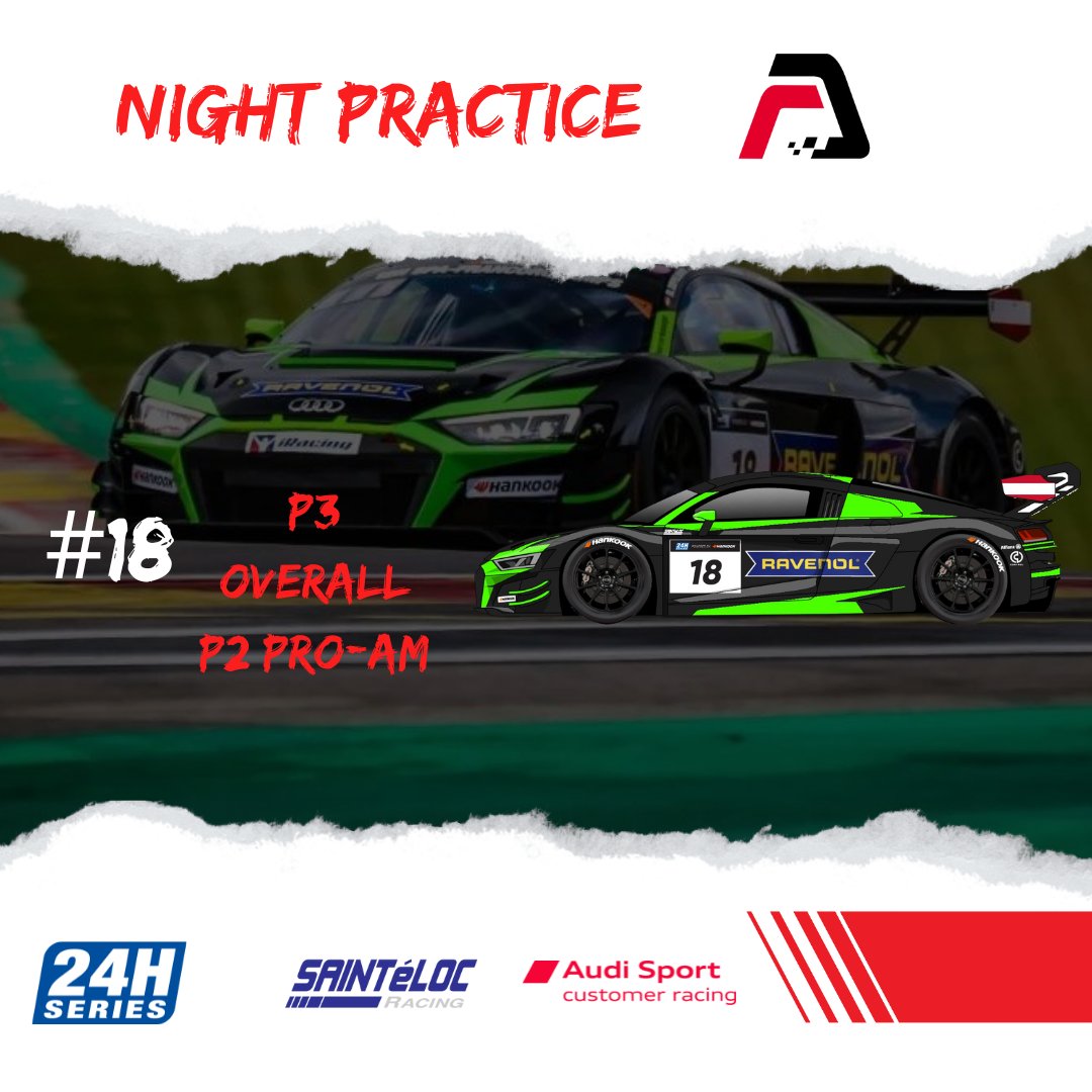 After the pole secured by the crew of the No. 18 Audi, the drivers were able to set off yesterday evening for a Night Practice Session. They therefore ranked P3 overall and P3 in Pro-Am category. Start of the race at 12:00 for the start of the race on the front row!