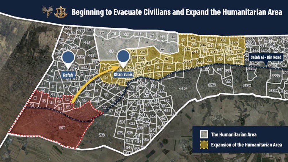 Latest IDF map for the civilian evacuation in Rafah. A lot to unpack here, but the key point is that humanitarian requirements force Israel to reveal their plans in advance. By giving up the element of surprise, they’re effectively risking IDF lives to save Gazan civilians.