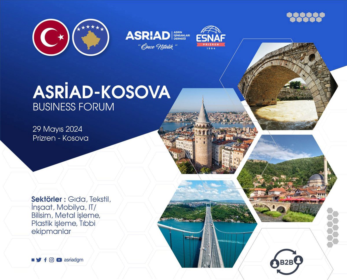 ASRİAD Dış İlişkiler Başkanlığı ve Prizren Esnaf Derneği işbirliği ile 29 Mayıs - 1 Haziran 2024 tarihleri arasında Kosova Business Forum düzenlenecek. Kosova'nın Prizren bölgesinde yapılacak B2B görüşmeleri; - Gıda, - Tekstil, - İnşaat, - Mobilya, - Metal işleme, -