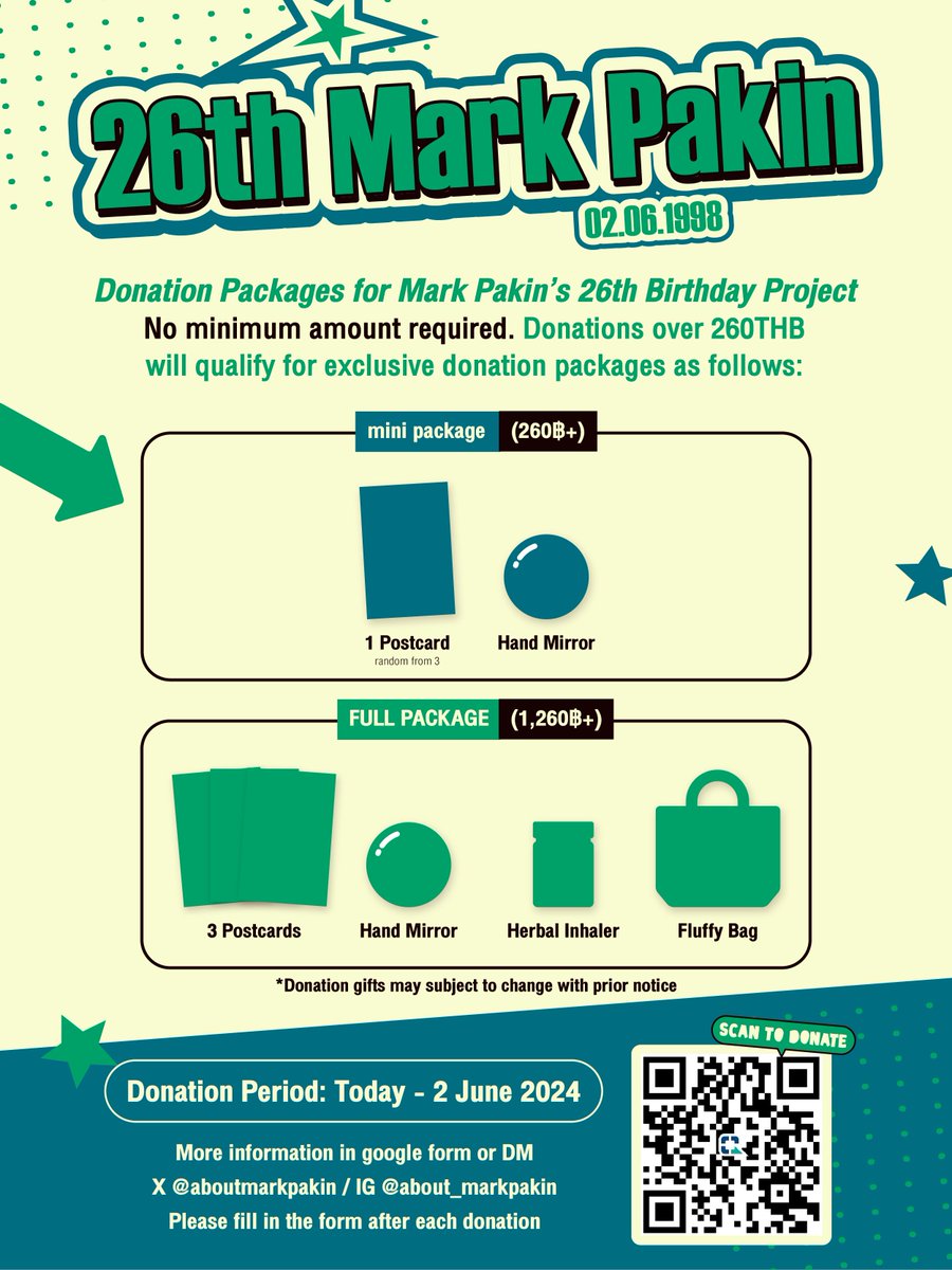 aboutmarkpakin's tweet photo. ✧.* Donation for #26thMarkPakin ꔛ

เชิญชวนชาวครามทุกท่านร่วมสนับสนุนโปรเจกต์วันเกิดปีที่ 26 ของมาร์คด้วยกันนะคะ 🎂
Be part of Mark Pakin’s 26 Birthday celebration with a donation of any amount!

รายละเอียดการสมทบทุน | Donation Details
https://t.co/7d0As78cz3

#mmarkpkk #kkramm https://t.co/ajrrGvwwp5