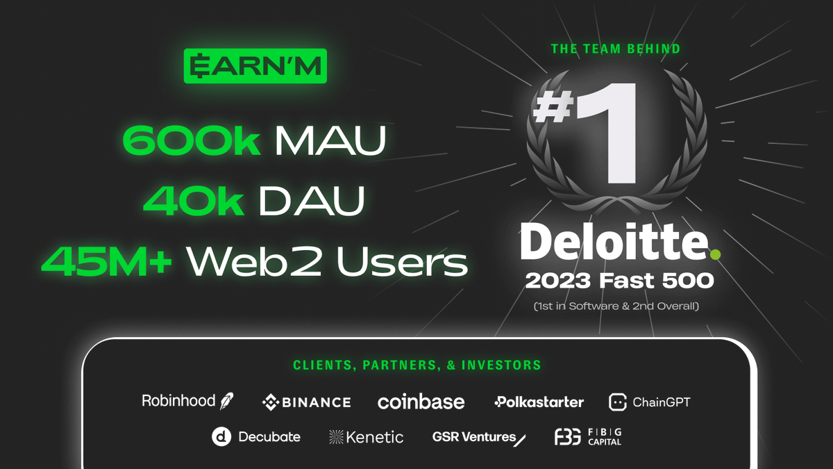 2/6 Introducing $EARNM:

▪️ OnChain ALPHA: 600k MAU and 40k DAU ⛓️
▪️ Deloitte's #1 Fastest-Growing Software Company for 2023 with 32,481% revenue growth 📈
▪️ Future highest traffic dApp, now at 45,000,000 USERS 🌎