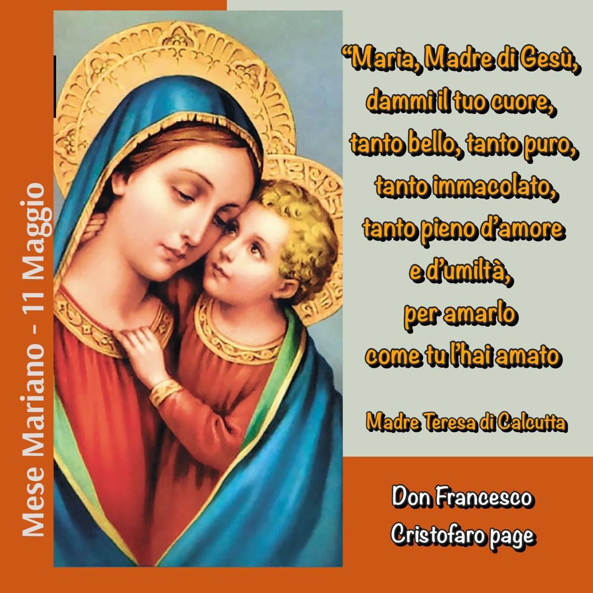 “Maria, Madre di Gesù, dammi il tuo cuore, tanto bello, tanto puro, tanto immacolato, tanto pieno d’amore e d’umiltà, così che io possa ricevere Gesù nel Pane della Vita, amarlo come tu l’hai amato e servirlo sotto le spoglie del più povero dei poveri”. Madre Teresa
