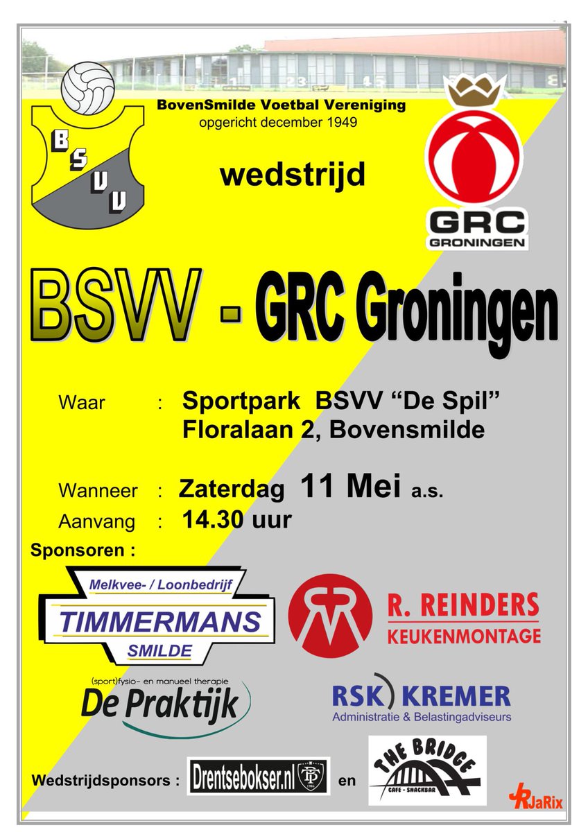 Matchday ⚔️

⚫️🟡

📰 <a href="/BSVV1/">BSVV</a> - GRC Groningen 1
⚽️ Nr.  3 🆚 Nr. 9
📍 Bovensmilde 
🕝 14:30 uur
🏆 Competitie

#SamenZijnWijBSVV