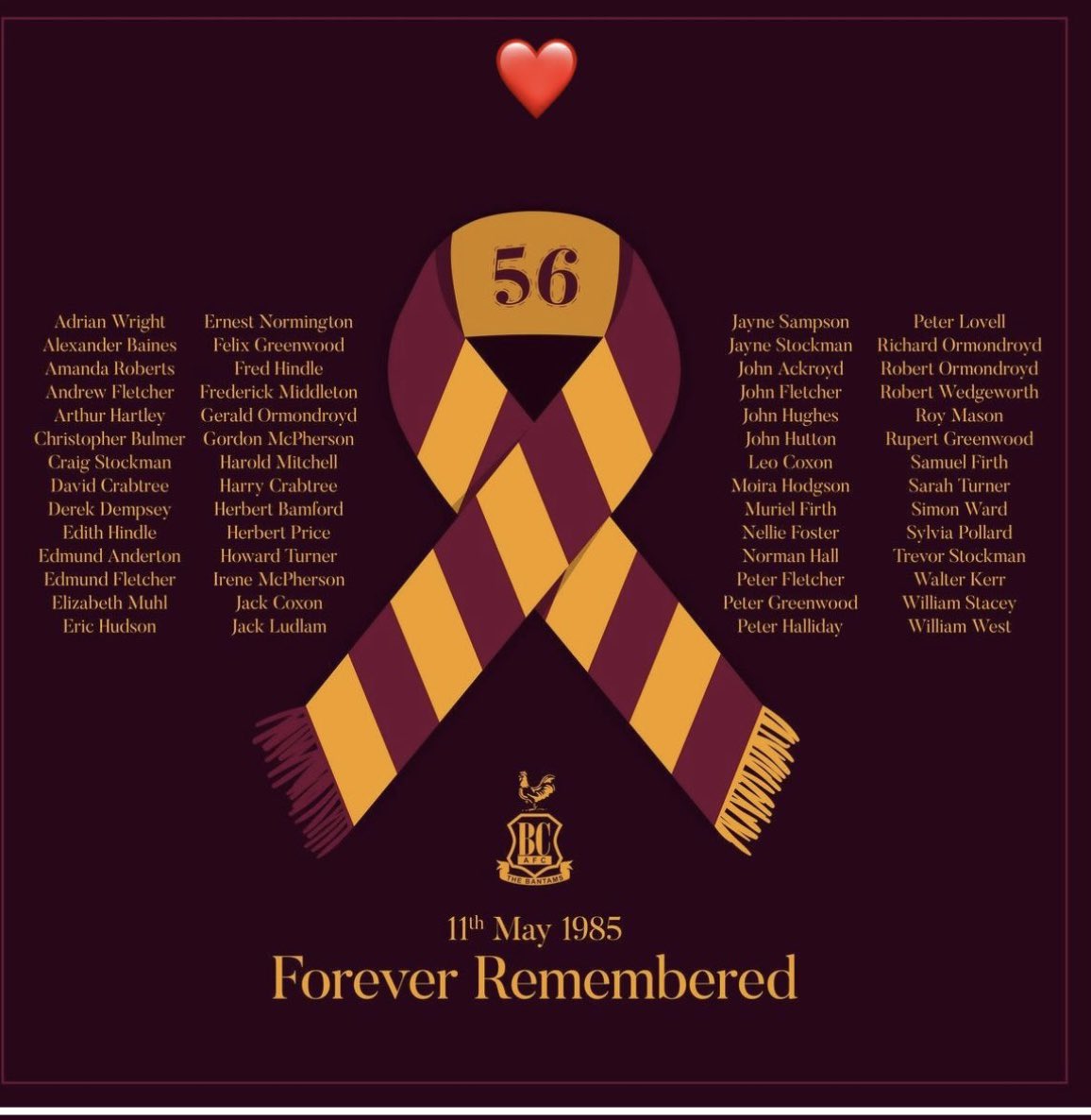 I was at this game and we were supposed to be playing a cup final after. I was one of the lucky ones that got out as did all my family a friends I will never forget the 56 that weren’t that lucky. Always remember ❤️#remeberthe56