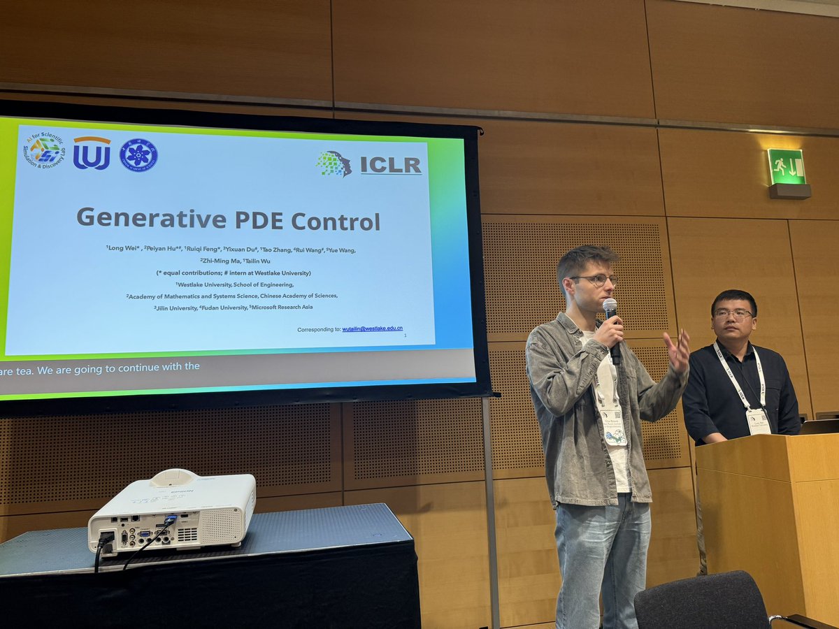 First contributed talk (4 accepted in total out of a very high quality field) from Long Wei talking about Generative PDE control. @iclr_conf
