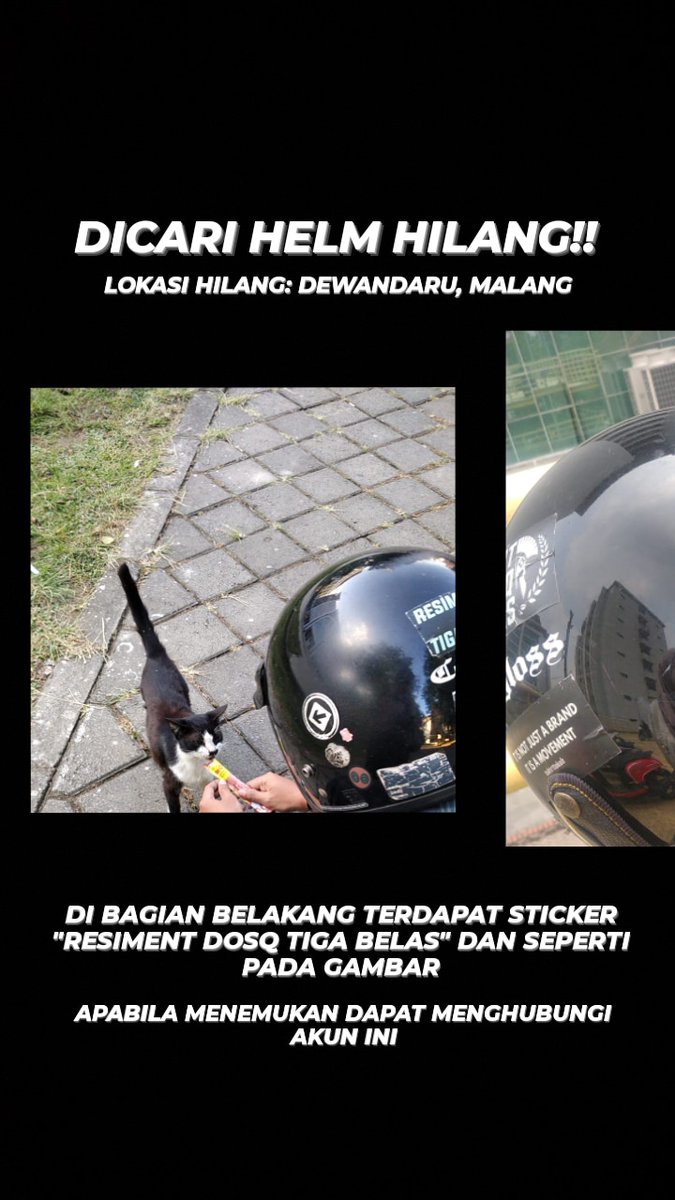 dicari helm hilang! apabila menemukan bisa menghubungi akun ini atau instagram @/rachmateee cc: @infomalang