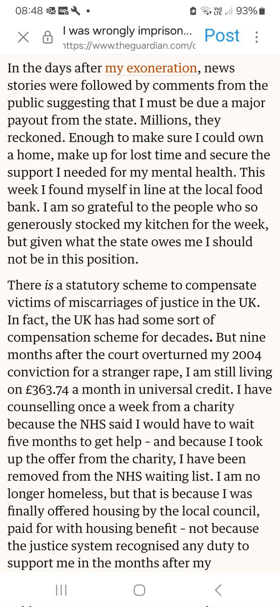 Powerful article by Andrew Malkinson on life after his exoneration: a story of ill health, Universal Credit and food banks for a man who (as he puts it) was 'kidnapped' by the state for 17 years. theguardian.com/commentisfree/…