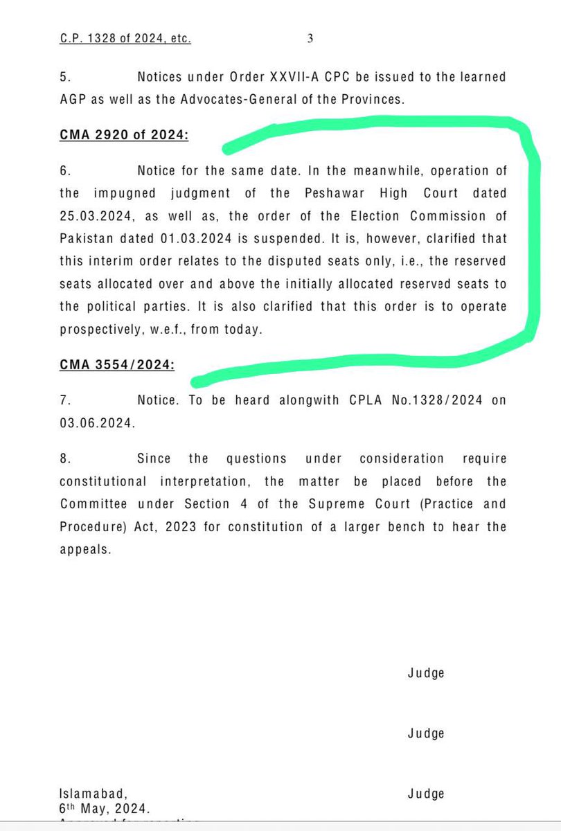 یہ سپریم کورٹ کے فیصلے کا وہ حصہ ھے جس میں متنازعہ مخصوص نشستوں کے بارے ھائیکورٹ پشاور اور ساتھ ھی الیکشن کمیشن کا فیصلہ معطل کیا گیا ھے۔۔۔۔ جس کے نتیجے میں الیکشن کمیشن کے فیصلے کی روشنی میں کیئے جانے والے ممبران کے نوٹیفکیشن غیر موثر ھوگئے جب تک الیکشن کمیشن کا فیصلہ…