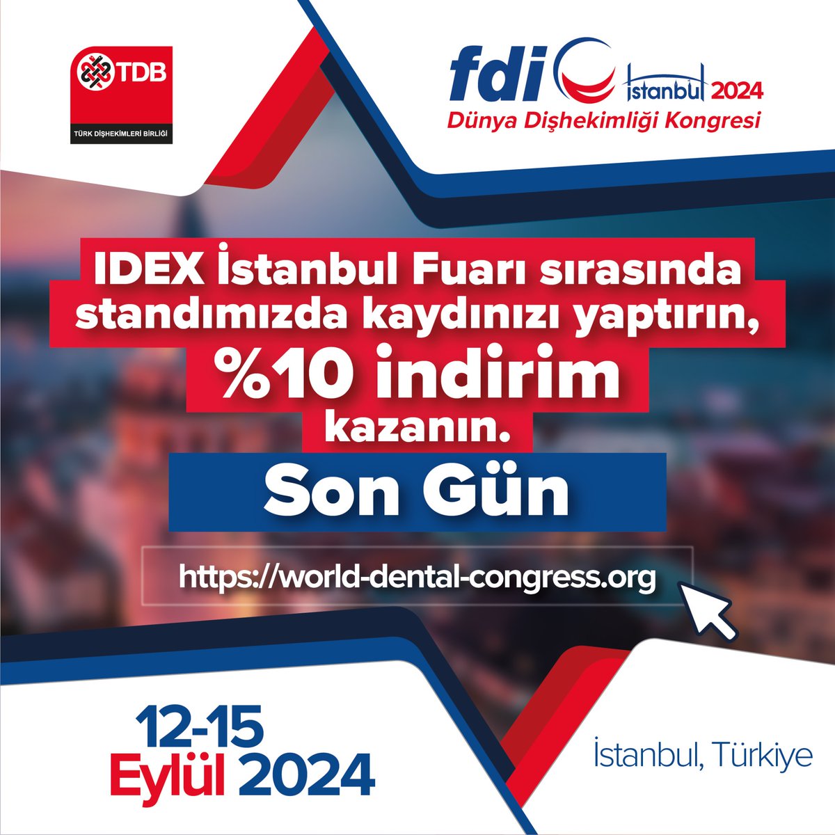 IDEX İstanbul Fuarı sırasında TDB standına uğrayıp, FDI 2024’e %10 İndirimli Kayıt Olmak için Son Gün. Fırsatı Kaçırmayın! 2024.world-dental-congress.org/tr/ #türkdişhekimleribirliği #WorldDentalCongress #WDC24 #fdi2024 #fdiistanbul2024