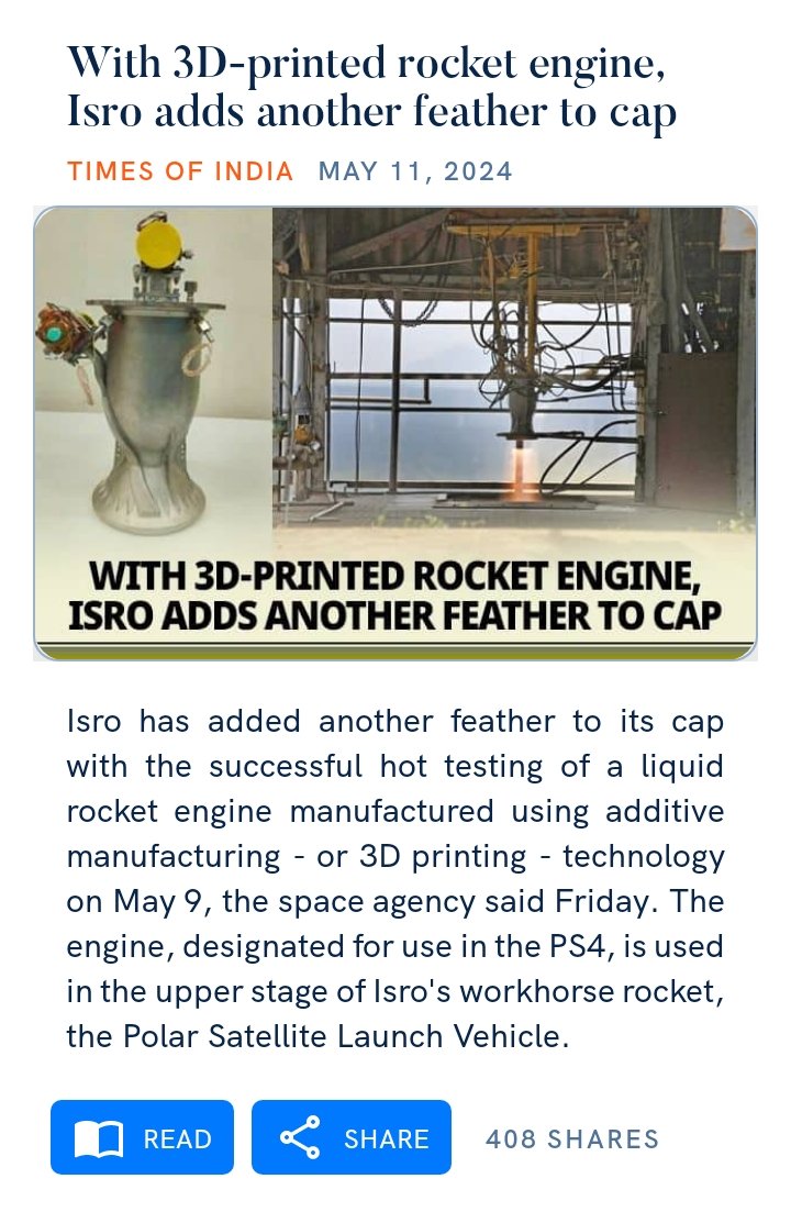 #ViksitBharatHamaraSankalp

With 3D-printed rocket engine, Isro adds another feather to cap
timesofindia.indiatimes.com/india/with-3d-…

via NaMo App