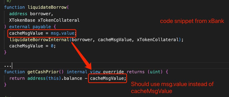 MetaSec_xyz's tweet photo. This analysis did not touch the essence of the exploit. The root cause is that xBank team made incorrect modifications to the Compound code. https://t.co/SA1FqhM2hR
