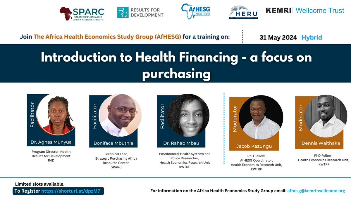 Training Alert 🔔!!! Interested in learning more about health financing? Join us for the monthly #AfHESGTraining session. This month we will discuss in-depth about benefits package design and #StrategicPurchasing! Date: 31st May 2024 Registration link: shorturl.at/dpzM7