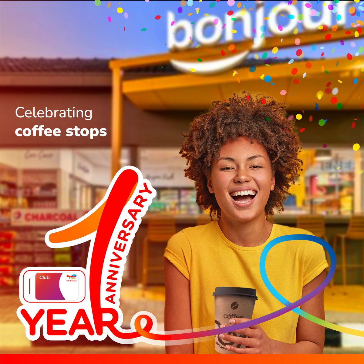 The TotalEnergies Club is turning 1, and we're brewing up reasons to celebrate! 🎉❤️ Every lucky 100th shopper gets 10 000 Club points 🎉 Thats not it! You can win a Fieldbar when you spend R500+ on the forecourt or in-store. 🏆 Join the Club today - club.totalenergies.co.za