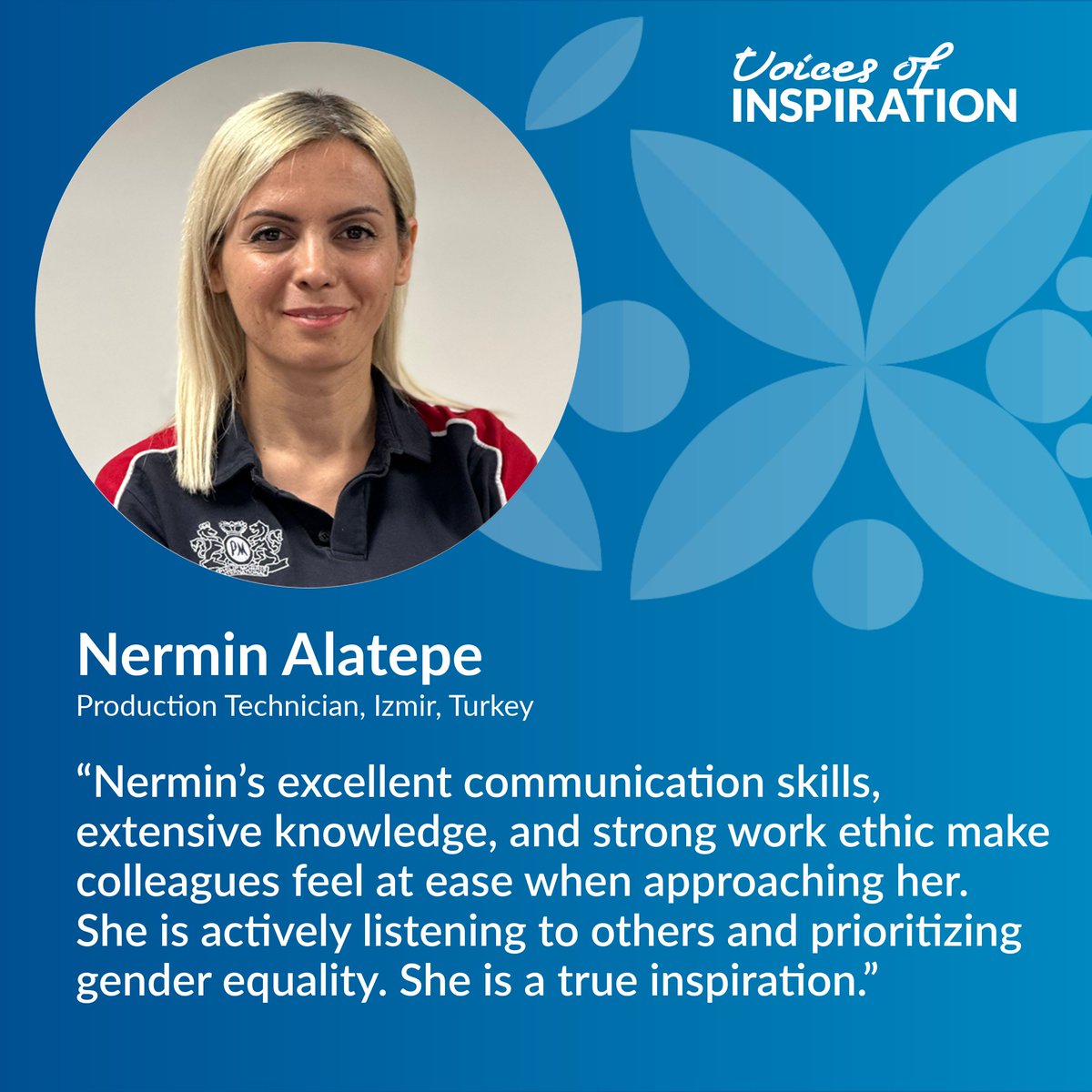 To continue our Voices of Inspiration campaign, meet some of our inspiring nominees and find out why employees chose them.  

Meet Nermin Alatepe, PMI's Production Technician in Turkey ⬇️ 

 #InvestInWomen #InspireInclusion