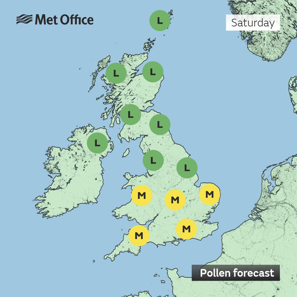 Good news for some... As tree pollen continues to decline and grass pollen slowly increases, counts for many today will be in the low to moderate category 🤧