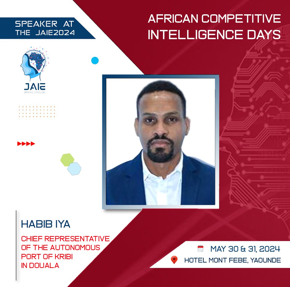 Chief representative of the @PortOfKribi in Douala, Habib IYA will be taking part in the 7th edition of the  #JAIE2024 from 30 to 31 May 2024.  

Read his profile here : les-jaie.info/en/panelists/

#CAVIE #IntelligenceEconomique #MarchésAfricains #JAIE2024