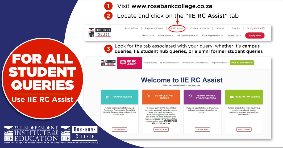 To access Online Academic Support, IT Assistance, or Student Wellness Support, submit a ticket on IIE RC Assist bit.ly/3MCD6gp. The relevant department will contact you to provide the needed support. #iierosebankcollege #iiercassist #2024midyearintake