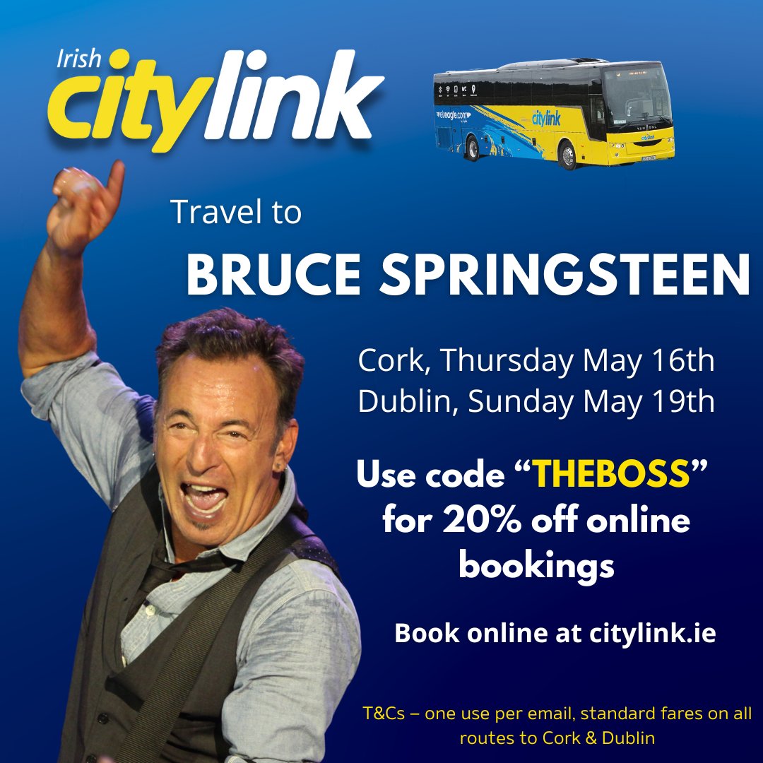 Heading to Bruce Springsteen next week? We've got you covered! Travel with Citylink and use our promo code 'THEBOSS' to enjoy a 20% discount when booking online at citylink.ie 🤩