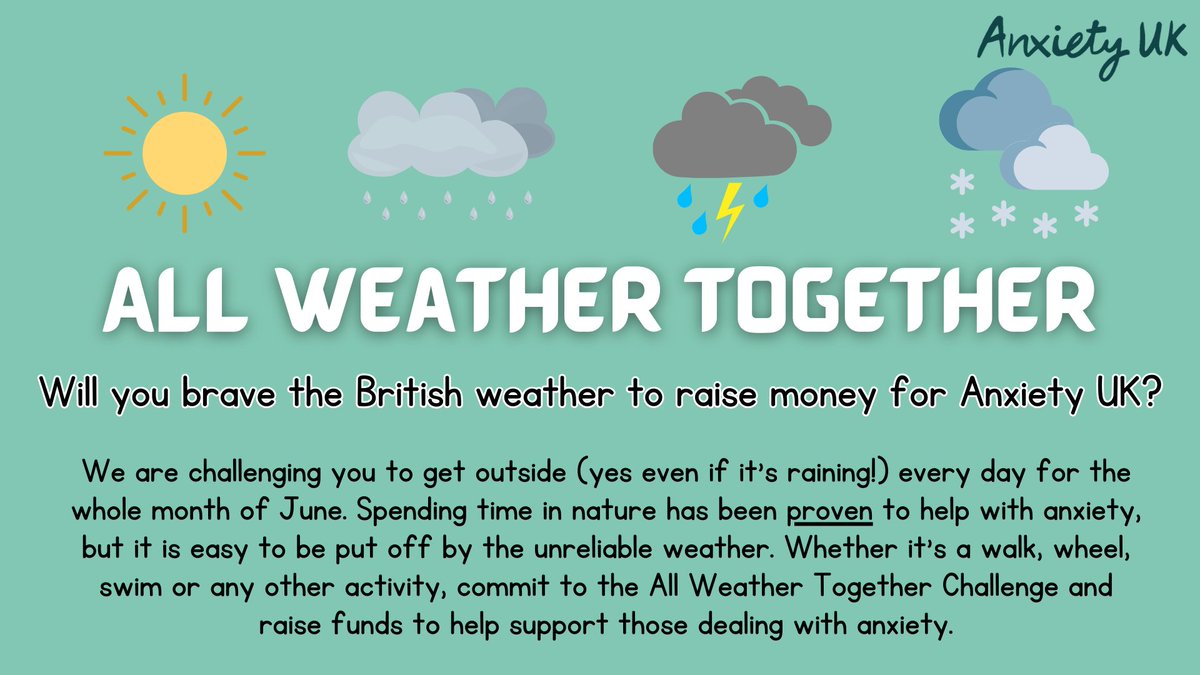 WEATHER it’s rain or shine get yourself outside this June 😉… Walk, run, cycle, or dance in the garden, it’s entirely up to you! Join our ‘All Weather Together’ challenge to benefit your wellbeing & raise money towards a worthy cause. Sign up here: justgiving.com/campaign/allwe…