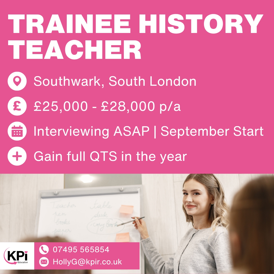 **TRAINEE HISTORY TEACHER** Southwark, London. Up to £28,000 p/a

Call 07495 565854 or email HollyG@kpir.co.uk to apply.

Visit bit.ly/KPIEduJob to find MORE Jobs like this!

#TeachingJobs #Teachers #EducationJobs #SouthwarkJobs #SouthLondonJobs #KPIRecruiting