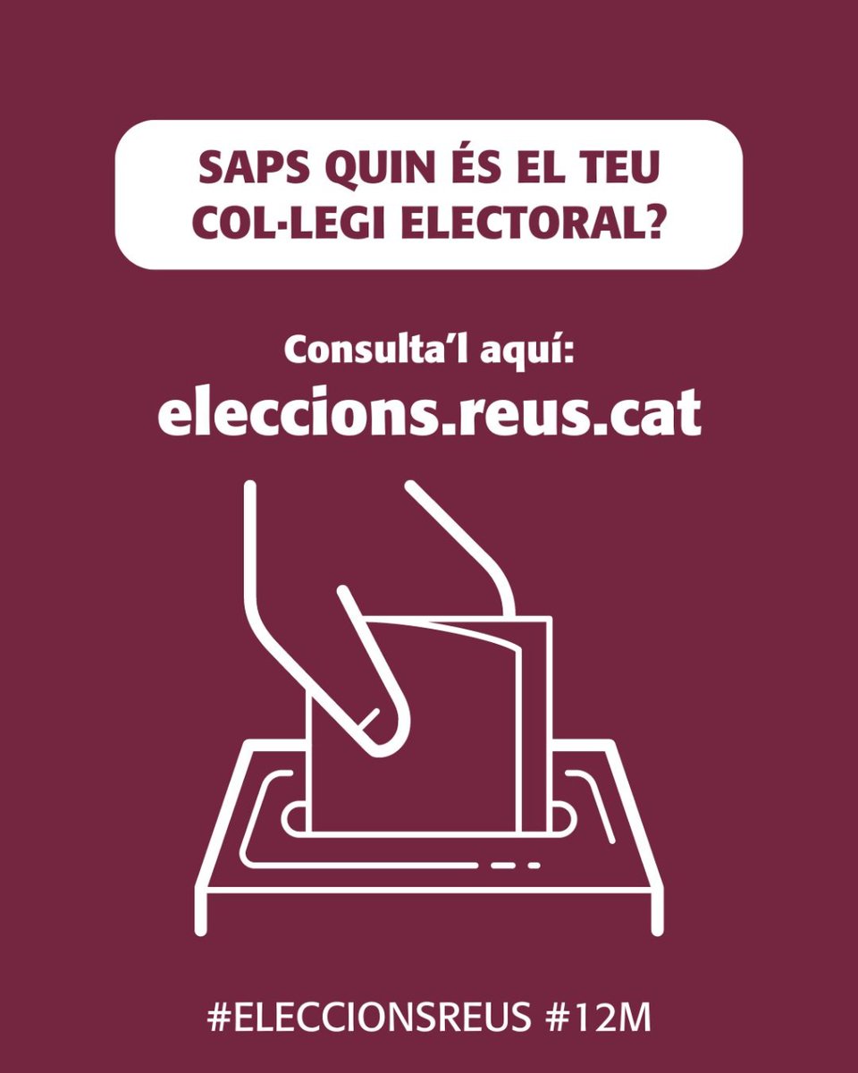 🗳️ Saps on has de votar demà?👇  Introdueix el teu DNI, NIE o Passaport i t'indicarem quin és el teu col·legi electoral: eleccions.reus.cat #EleccionsReus #12M