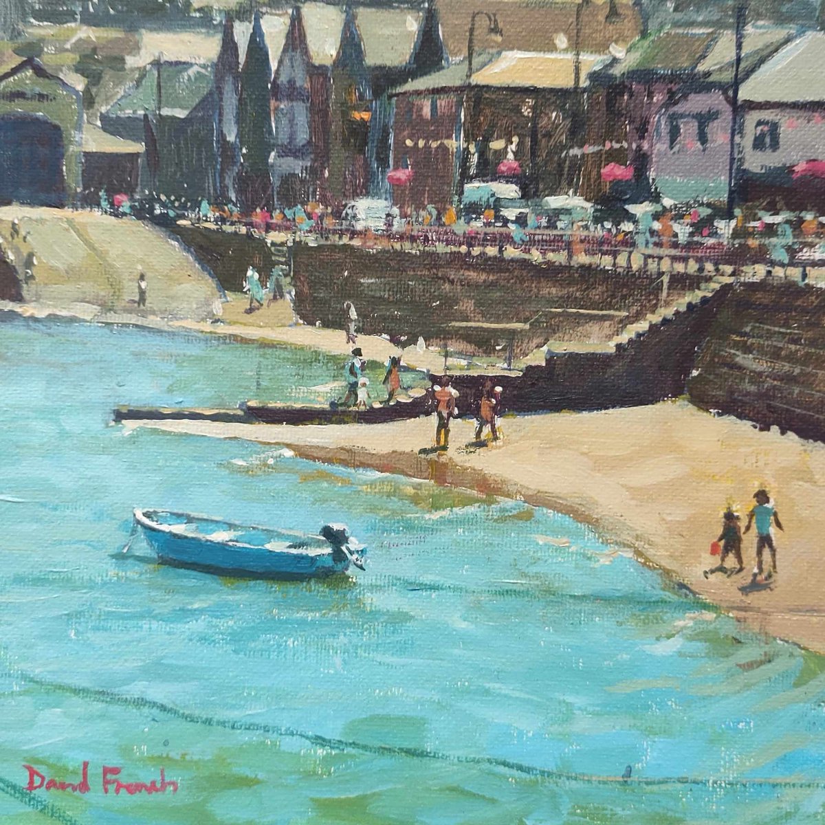 'Harbour Steps' Boats, beach and harbour front 20 x 20cm acrylic on canvas board (29x29 approx framed size) Arthouse Gallery Island Road St Ives thearthouses.com Available now #arthousestives #arthouses #stives #cornwall #beachpeople #summerholiday #weekender #small