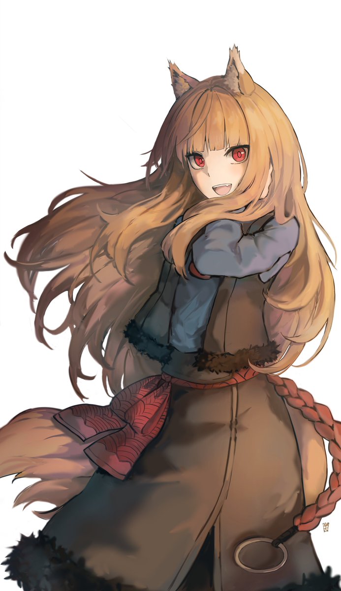 holo 1girl solo long hair looking at viewer smile open mouth simple background  illustration images