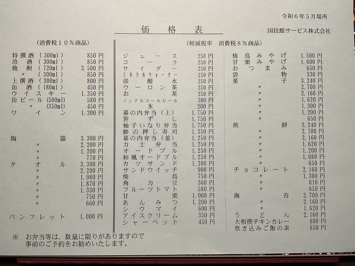 今場所のお茶屋さんの単品価格です。