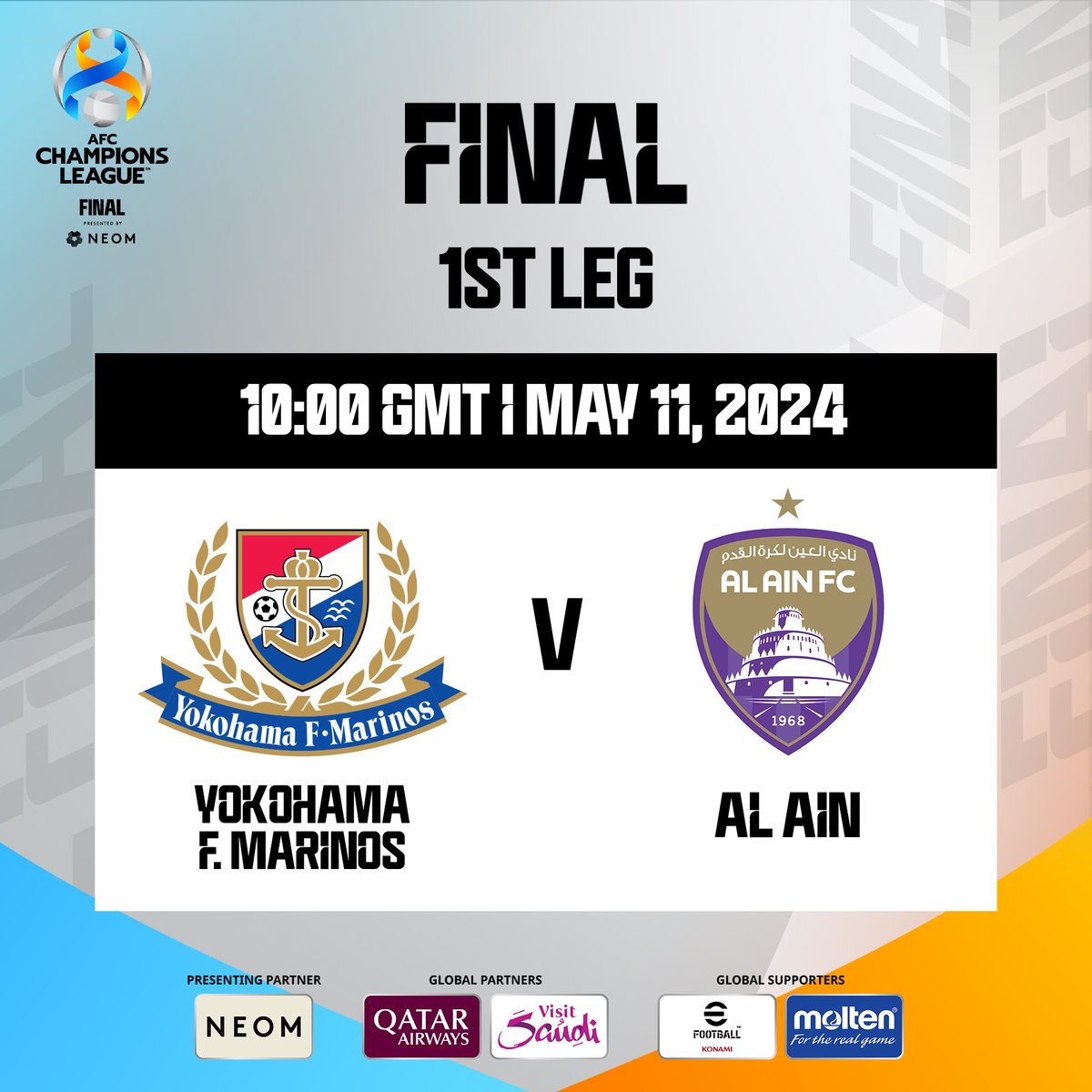 Exciting game ahead! 🇯🇵 Yokohama F. Marinos vs. 🇦🇪 Al Ain in the first leg of the #ACLfinal! Who will take the lead? 🤔 📺Tune in to watch the matches here: gtly.to/qs_gZzTRJ