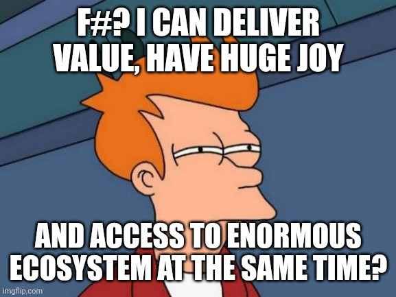 Or you can use <a href="/IonideProject/">Ionide</a> , VSCode and #fsharp which benefits from the .NET ecosystem too (roughly speaking).

With #fsharp one gets access to huge amount of options: web, server, desktop, etc.

Still, you might sponsor <a href="/IonideProject/">Ionide</a>, but you can start as with TS and Java.