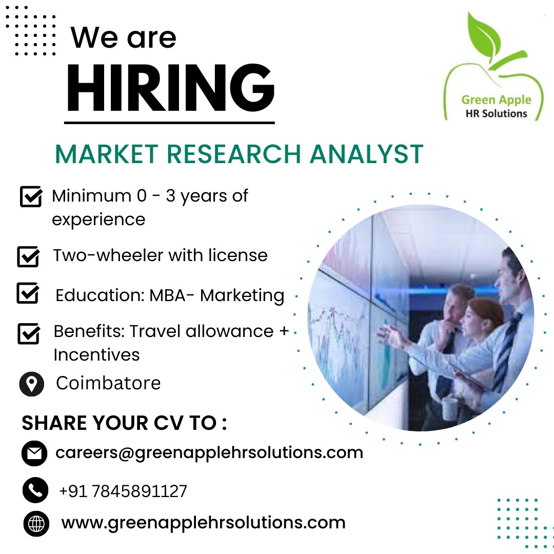 We are looking for MARKET RESEARCH ANALYST with 0 - 3 years of experience                     

Salary : 15K - 20K     
#greenapplehrsolutions #recruitmentagency #jobconsultancy #recruitment #hiring #hiringnow #opentowork #analystjobs #jobs2024