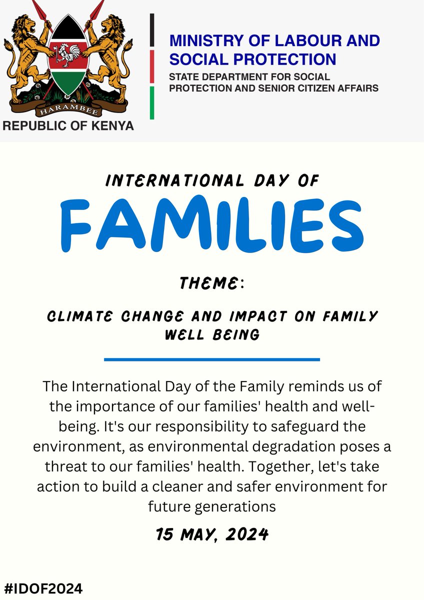 Coming Up!! The International Day of Families on May 15th
@WaziriBore @PS_JosephMotari @UNICEFKenya @KCBGroup @WorldVisionKE @ChangeCare4Kids @sos_children @SaveChildren_Ke

#IDOF2024 #FamilyDay