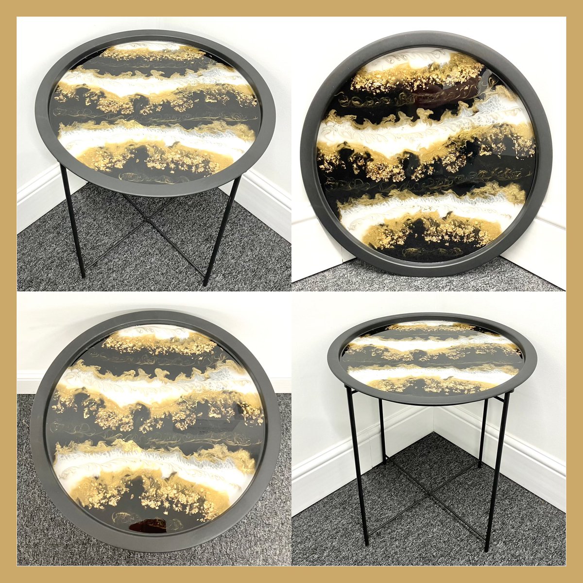Very excited to share a brand NEW resin tray table, in a geode black, white & gold design, with added gold foil. It comes flat packed & can be used as a table & tray: muresindesigns.etsy.com/listing/172954… #UKGiftHour #ukgiftam #shopindie #smartsocial #CraftBizParty #giftidea #etsyfinds