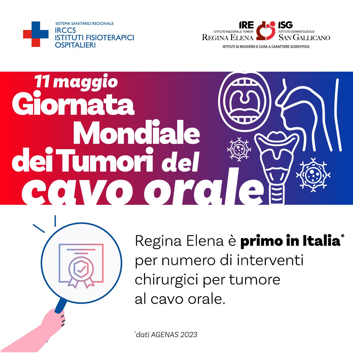 Giornata Mondiale Tumore del Cavo Orale 🏆 Regina Elena 1° ospedale in Italia x numero di interventi tumore cavo orale (dati @Agenas_Salute ) 👉🏻 esperienza 👉🏻competenza 👉🏻conoscenza 👉🏻qualità 🔎 Informati e scarica la nuova guida sui Tumori Orofaringe: ifo.it/2024/05/10/reg…