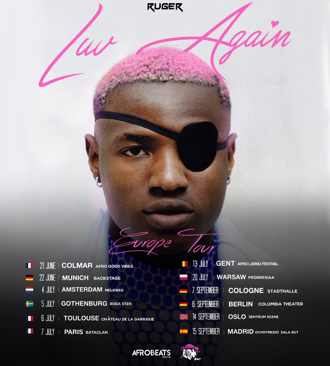 New cities added, different sounds, mixed feelings, one Blown Boy ready to LUV AGAIN 💞 Check for the city closest to you and experience RUGER in his full Glory! rugereurope.afrobeatsroma.live