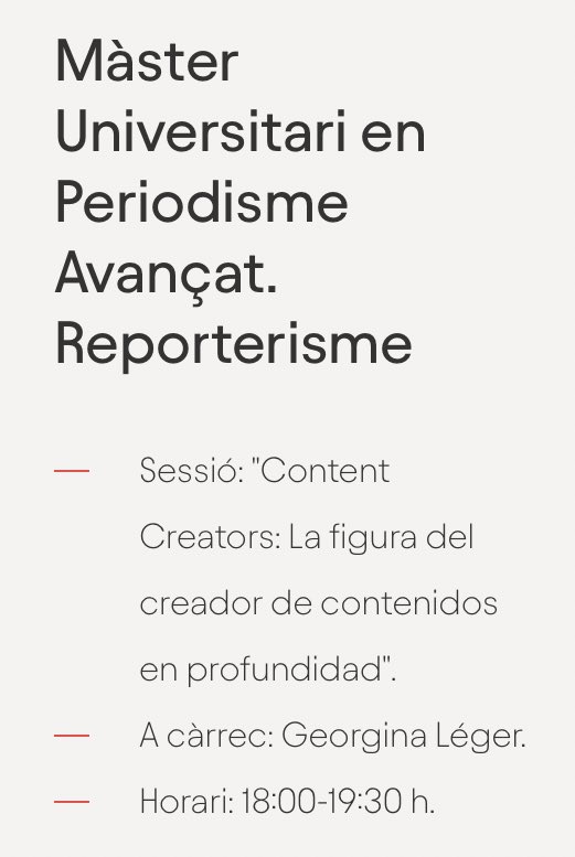 T’interessa la creació de continguts? No et perdis la sessió especial de l’#OpenDay de <a href="/BlanquernaFCRI/">Blanquerna FCRI</a> on la <a href="/georginaleger/">Georgina Léger</a> explicarà tot el que cal saber d’aquesta figura i com aplicar-ho en l’àmbit del periodisme.

▶️Inscriu-te a la sessió gratuïta aquí
blanquerna.edu/ca/masterclass…