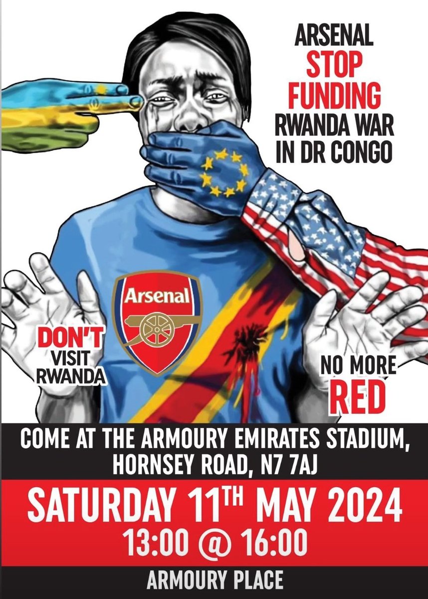 Today at the <a href="/Arsenal/">Arsenal</a> Emirates stadium, our friends at @CAYPBLOG are holding a demo at 1pm to say #StopRwanda sponsorship. Rwanda funds militias that invade 🇨🇩, enslaves children and commits systemic rape, to extract minerals in the #DRC 

Below is a primer on how we got here