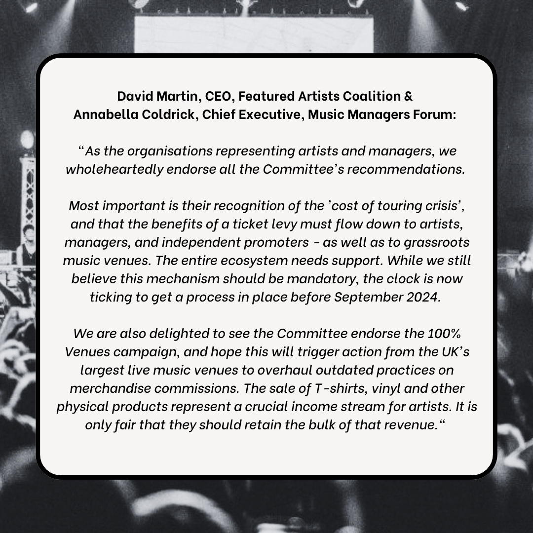 Today we welcome the @CommonsCMS report on grassroots live music 👏 Most important is their recognition of the 'cost of touring crisis', and that the benefits of a ticket levy must flow down to artists, managers, and independent promoters. 🔗Full report: bit.ly/3yhIsta