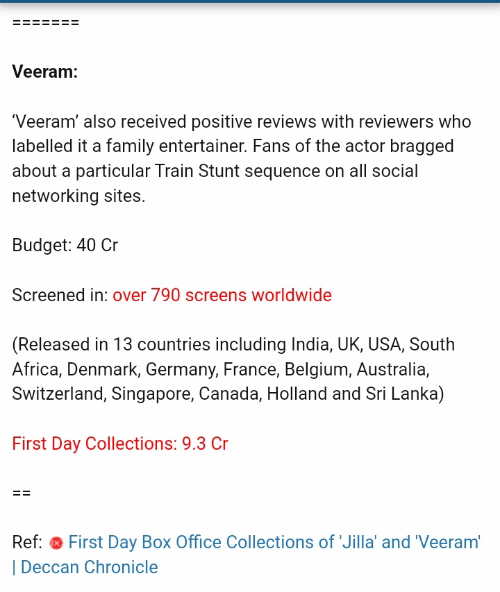 Reality:
Veeram fdfs collection >>> kullan total collection