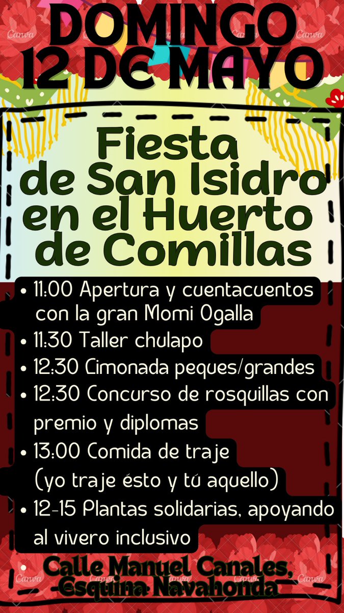 Este finde los planes no paran en Carabanchel por #SanIsidro2024 🌸
Hoy, fiesta de San Isidro de la @AValtosanisidro 
Mañana, fiesta en el huerto de la @AvComillas 
¡Ya podéis desempolvar parpusas y claveles!