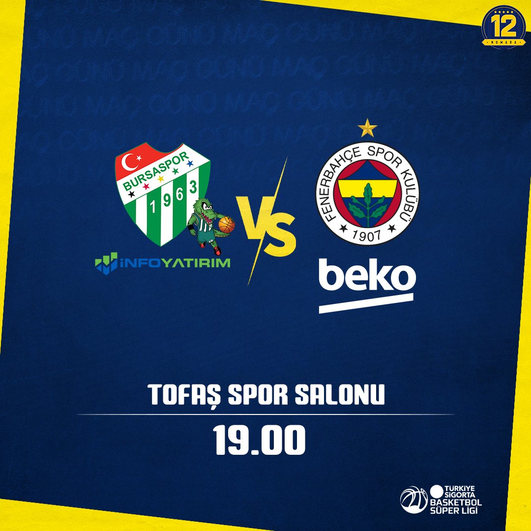 🏀 Maç günü! 🏆 @basketsuperligi 29. Hafta 🆚 Bursaspor İnfo Yatırım 🕖 19.00 📍 Tofaş Spor Salonu 📺 beIN Sports 📱 #YellowLegacy