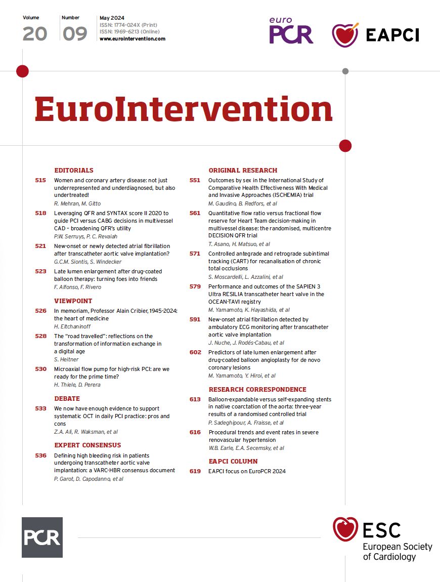 The special #EuroPCR 2024 issue of EuroIntervention is online, and there is something to suit everyone's taste. Here are some of the questions addressed or discussed this week. Invasive management and decision making · Did sex modify the outcomes of the ISCHEMIA trial? · Can